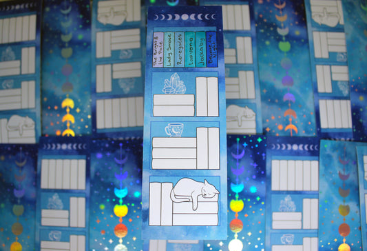 Reading Tracker Bookmark with 20 Fillable Spaces | Holographic Foil | Double Sided Blue Galaxy Bookshelf | Bookish Gift