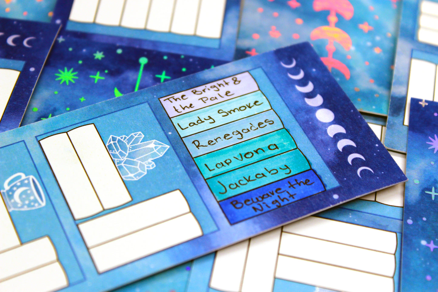 Reading Tracker Bookmark with 20 Fillable Spaces | Holographic Foil | Double Sided Blue Galaxy Bookshelf | Bookish Gift