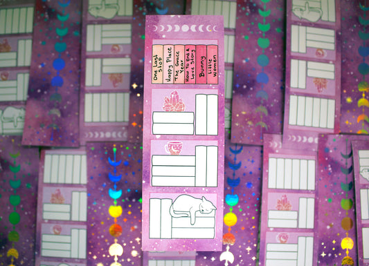 Reading Tracker Bookmark with 20 Fillable Spaces | Holographic Foil | Double Sided Pink Galaxy Bookshelf | Bookish Gift