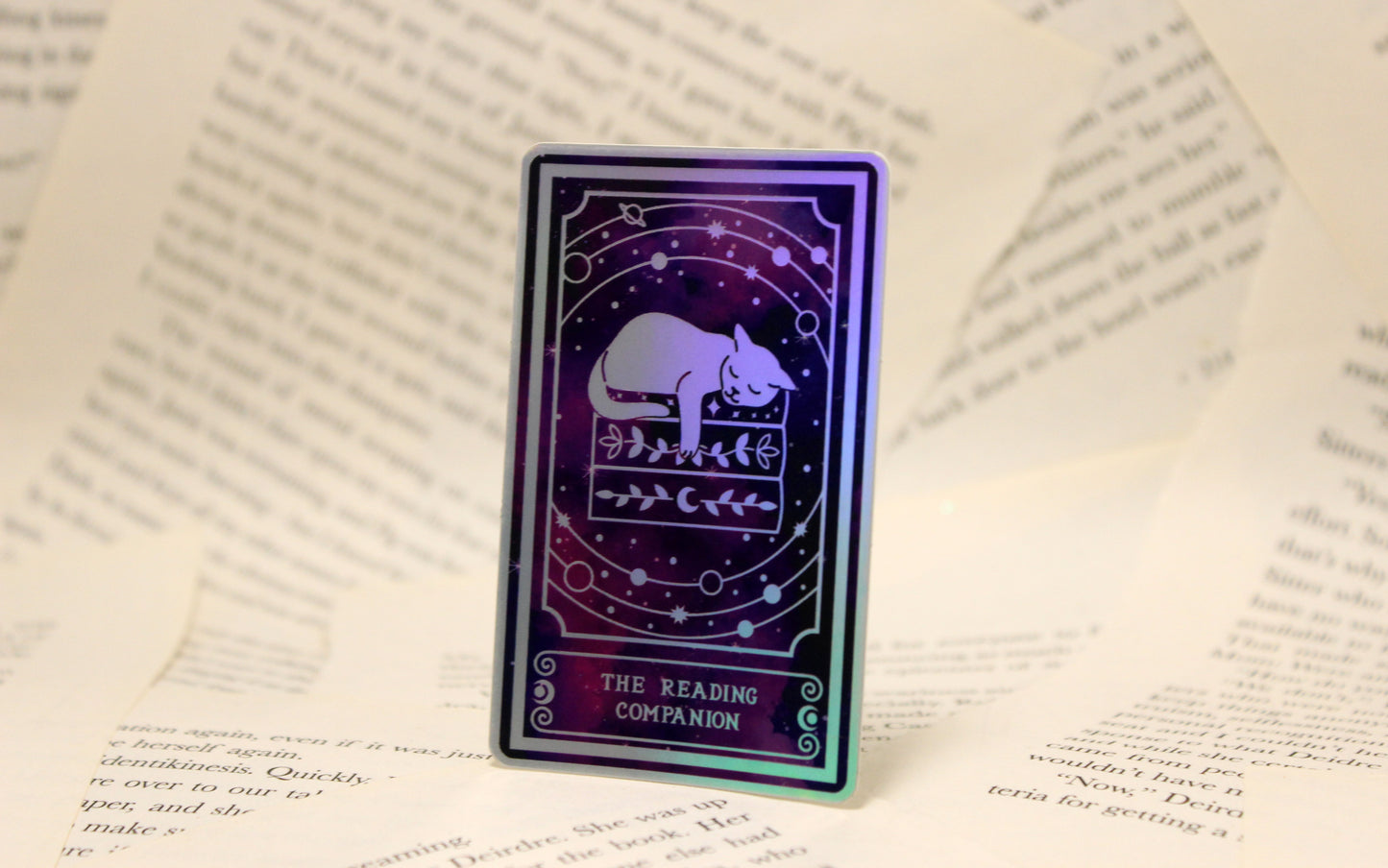 Holographic cat Tarot Sticker 'The Reading Companion" – Book Lover Vinyl Decal