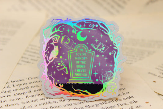 Holographic 'In loving memory of the books I never finished' – Bookish DNF Waterproof vinyl decal