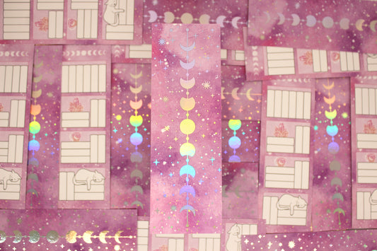 Reading Tracker Bookmark with 20 Fillable Spaces | Holographic Foil | Double Sided Pink Galaxy Bookshelf | Bookish Gift