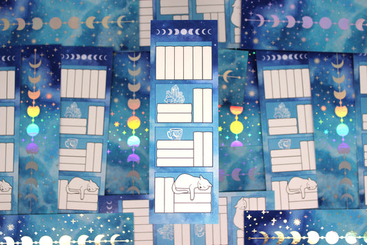 Reading Tracker Bookmark with 20 Fillable Spaces | Holographic Foil | Double Sided Blue Galaxy Bookshelf | Bookish Gift