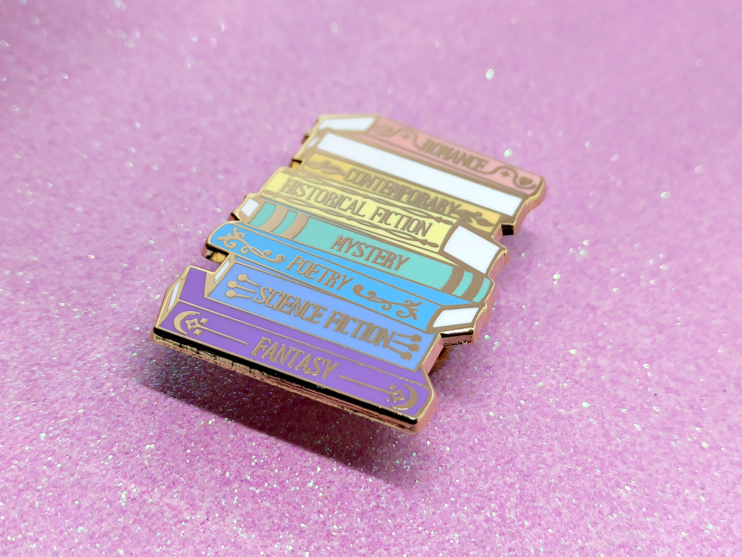 Book genres stack bookish enamel pin