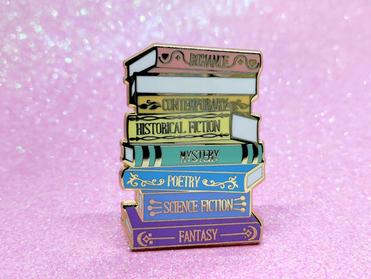 Book genres stack bookish enamel pin