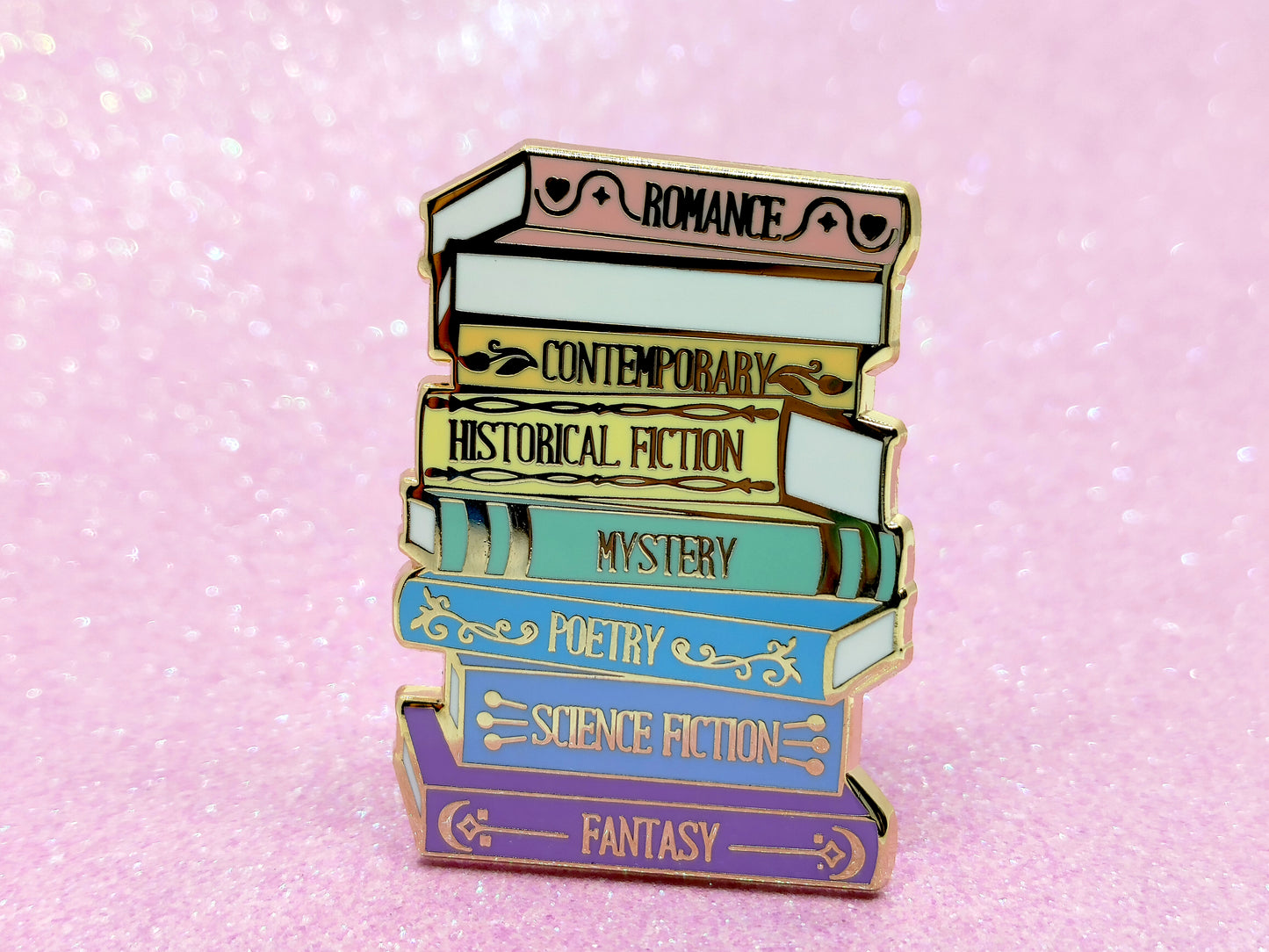 Book genres stack bookish enamel pin