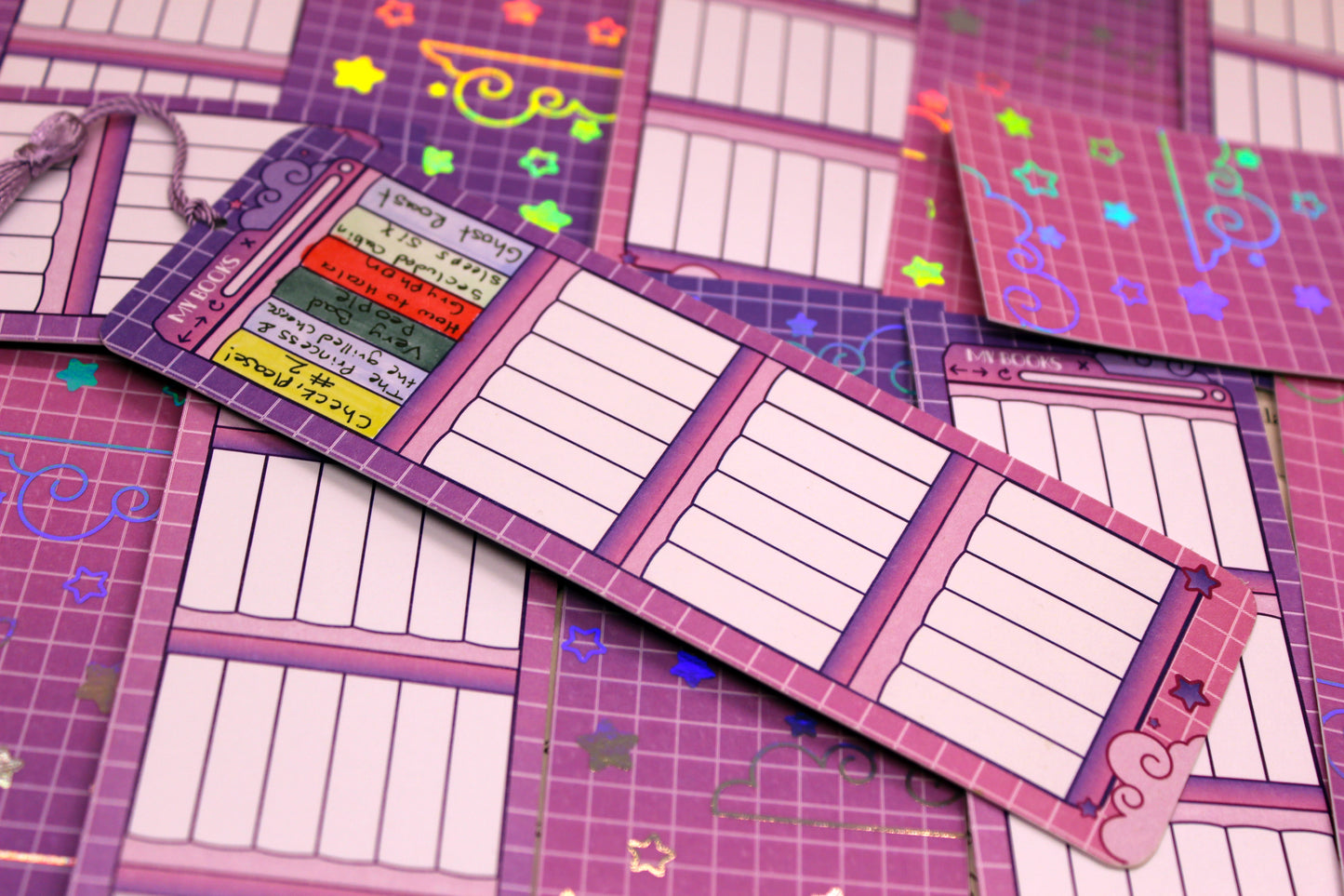 Reading Tracker Bookmark | Pink & Purple | 24 Books to Fill | Holographic Foil | Bookish Gift
