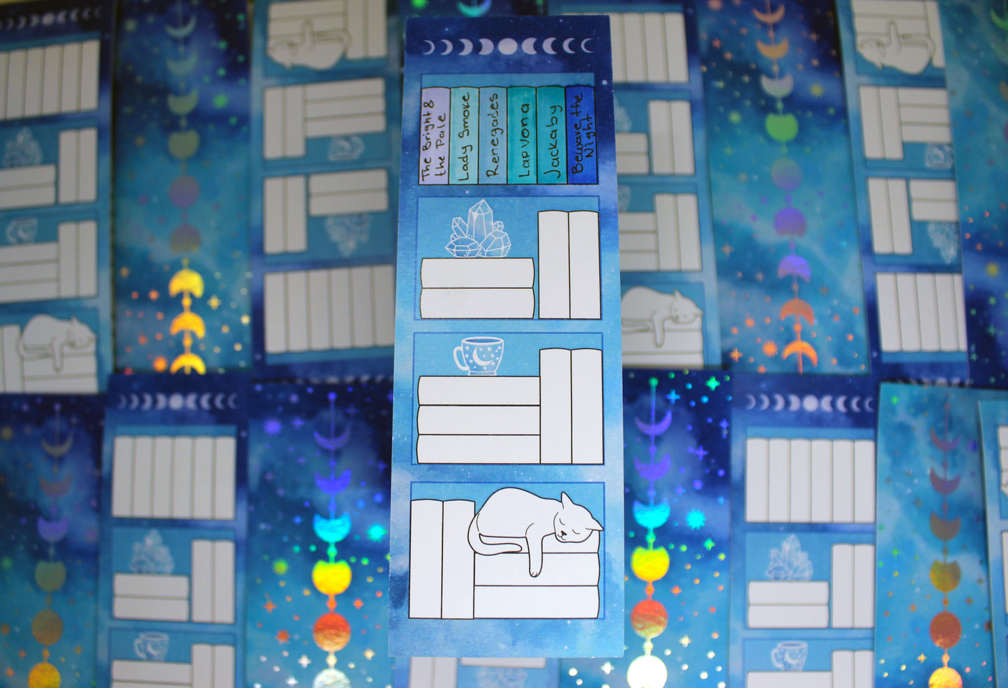 Reading Tracker Bookmark with 20 Fillable Spaces | Holographic Foil | Double Sided Blue Galaxy Bookshelf | Bookish Gift