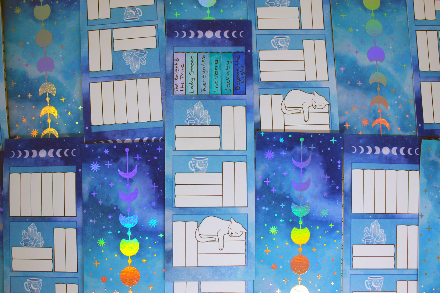 Reading Tracker Bookmark with 20 Fillable Spaces | Holographic Foil | Double Sided Blue Galaxy Bookshelf | Bookish Gift