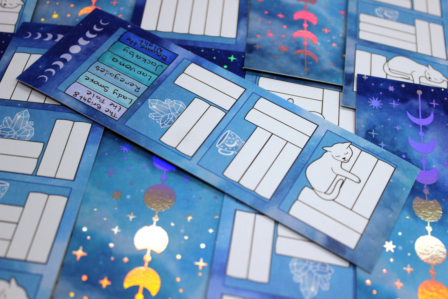 Reading Tracker Bookmark with 20 Fillable Spaces | Holographic Foil | Double Sided Blue Galaxy Bookshelf | Bookish Gift