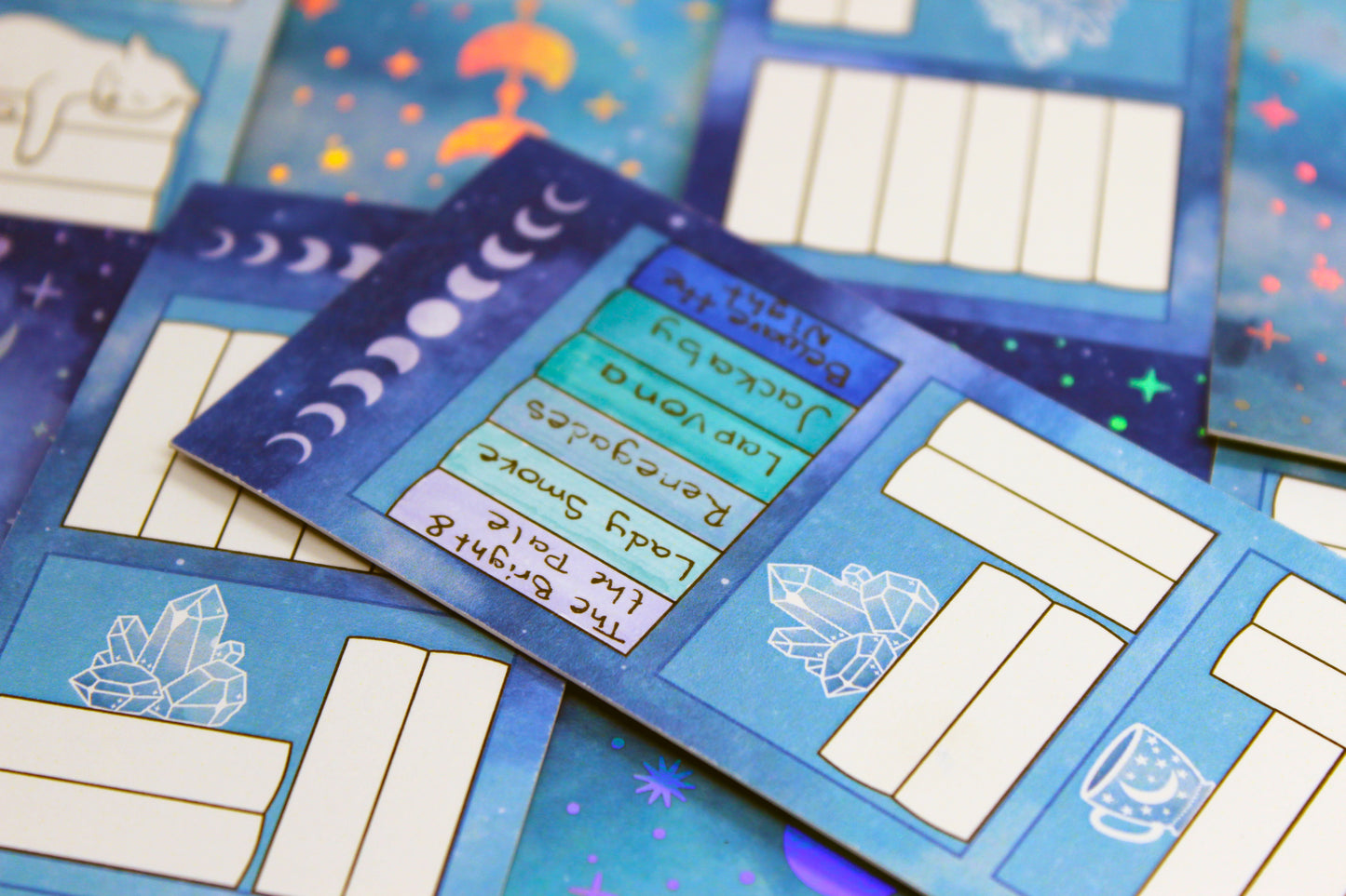 Reading Tracker Bookmark with 20 Fillable Spaces | Holographic Foil | Double Sided Blue Galaxy Bookshelf | Bookish Gift