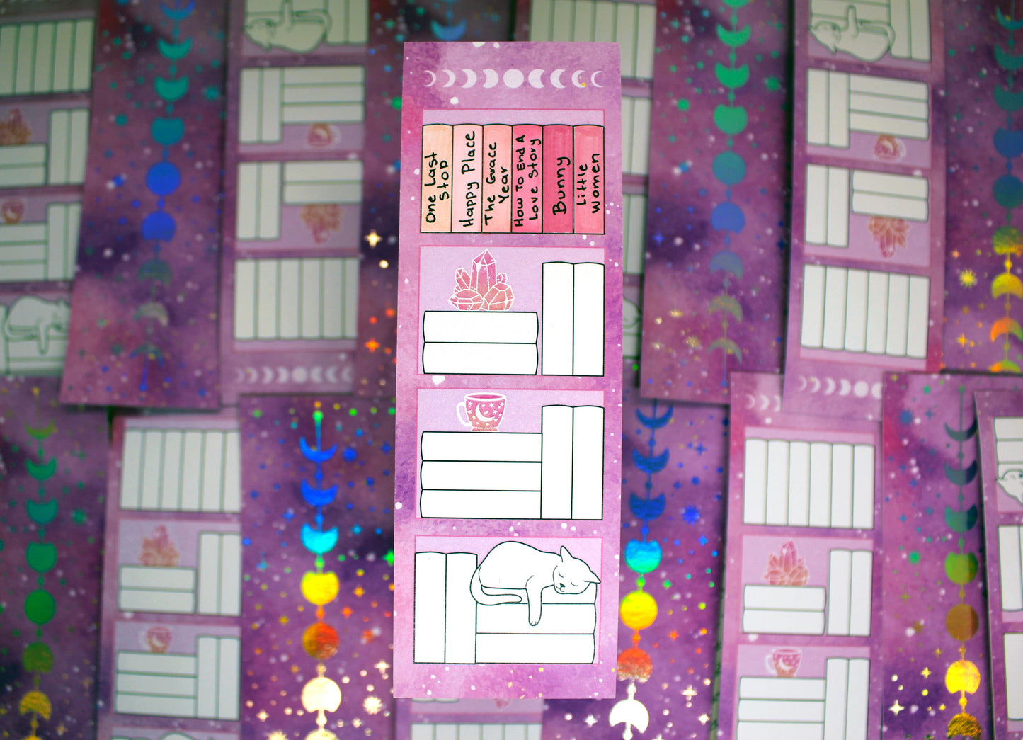Reading Tracker Bookmark with 20 Fillable Spaces | Holographic Foil | Double Sided Pink Galaxy Bookshelf | Bookish Gift