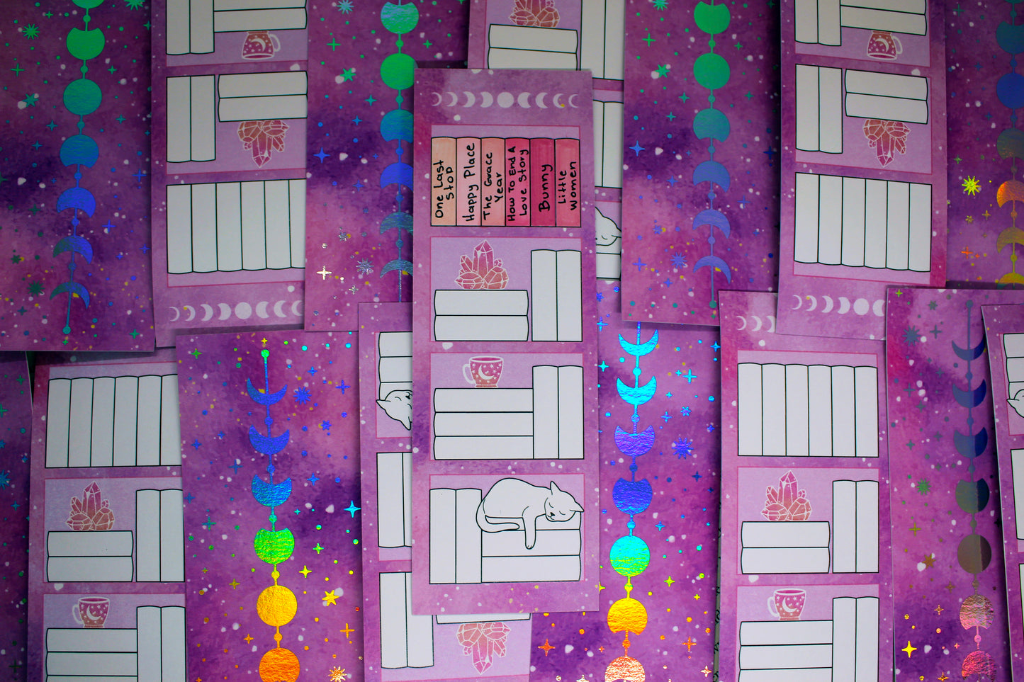 Reading Tracker Bookmark with 20 Fillable Spaces | Holographic Foil | Double Sided Pink Galaxy Bookshelf | Bookish Gift