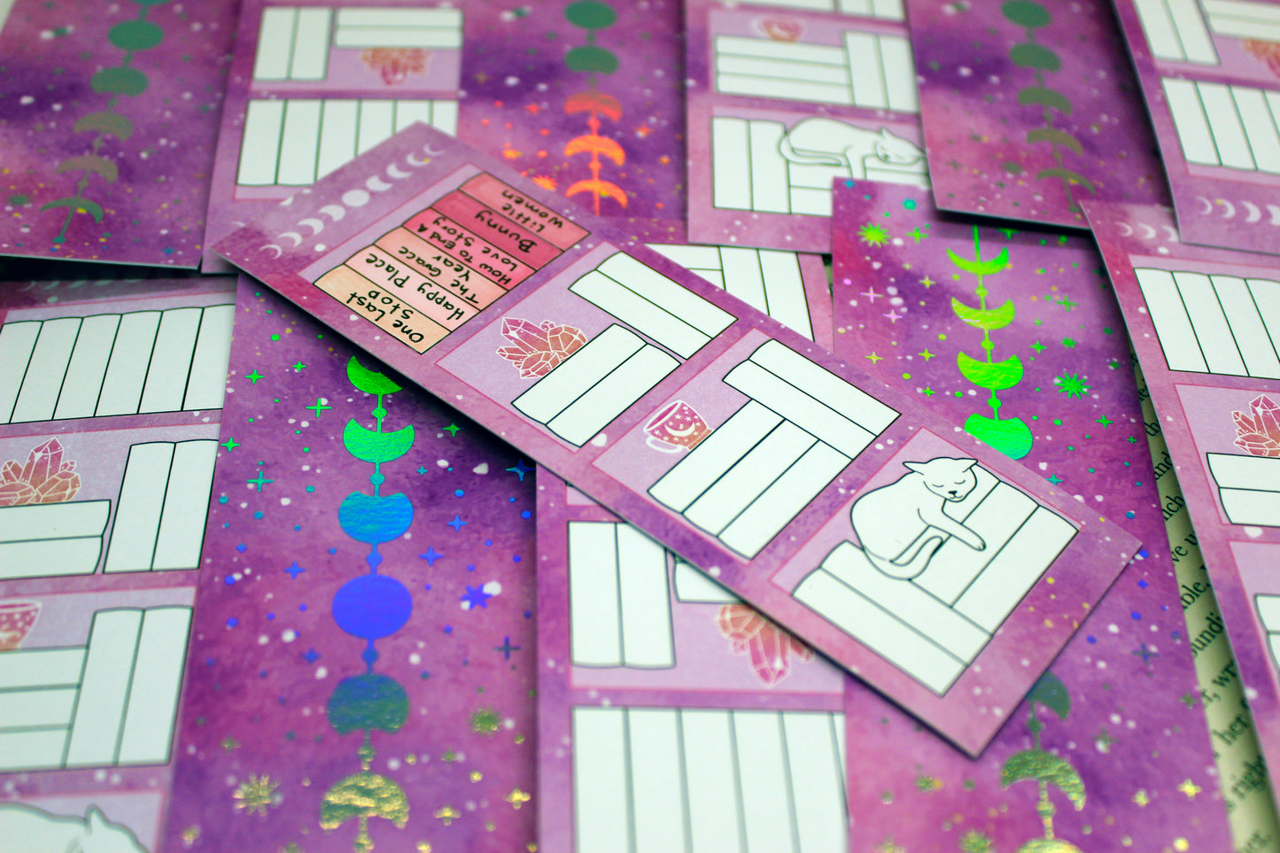 Reading Tracker Bookmark with 20 Fillable Spaces | Holographic Foil | Double Sided Pink Galaxy Bookshelf | Bookish Gift