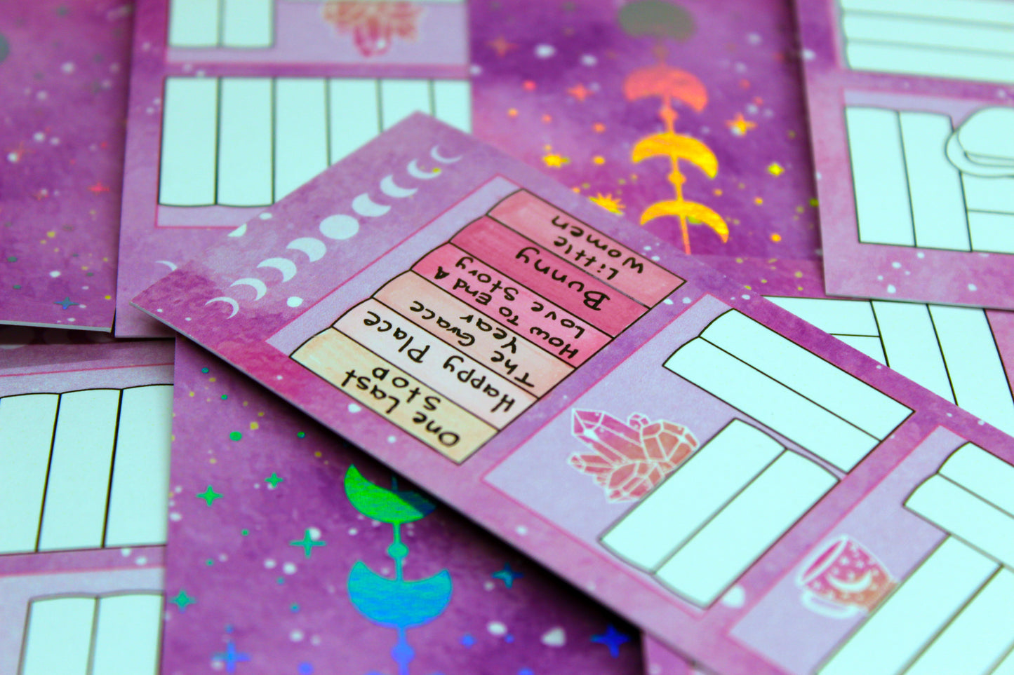 Reading Tracker Bookmark with 20 Fillable Spaces | Holographic Foil | Double Sided Pink Galaxy Bookshelf | Bookish Gift