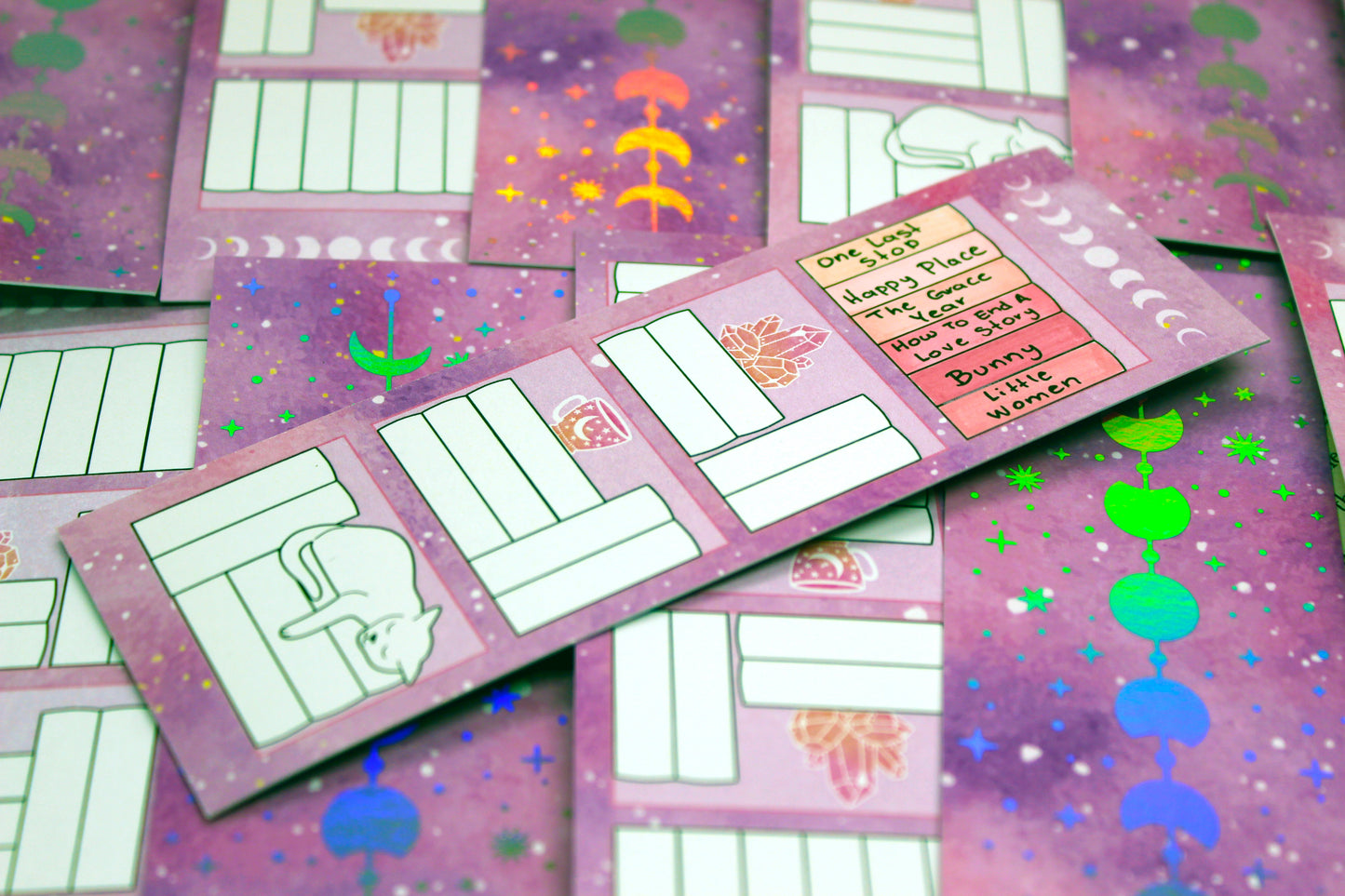 Reading Tracker Bookmark with 20 Fillable Spaces | Holographic Foil | Double Sided Pink Galaxy Bookshelf | Bookish Gift