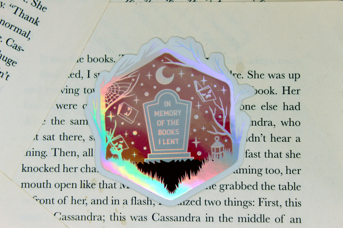 Holographic 'In memory of the books I lent' – Bookish Waterproof vinyl decal