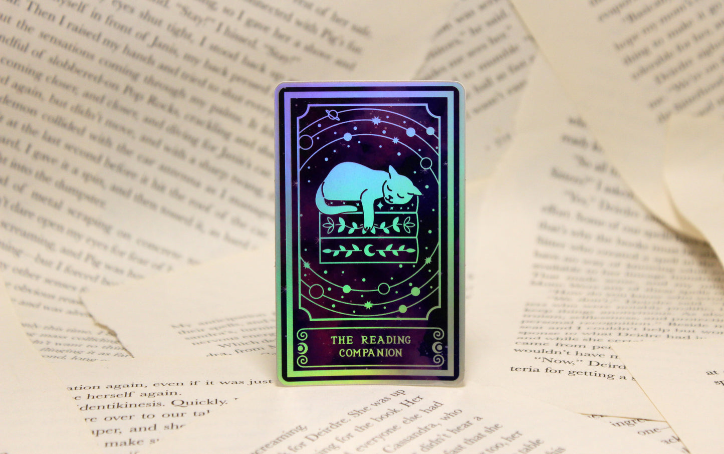 Holographic cat Tarot Sticker 'The Reading Companion" – Book Lover Vinyl Decal