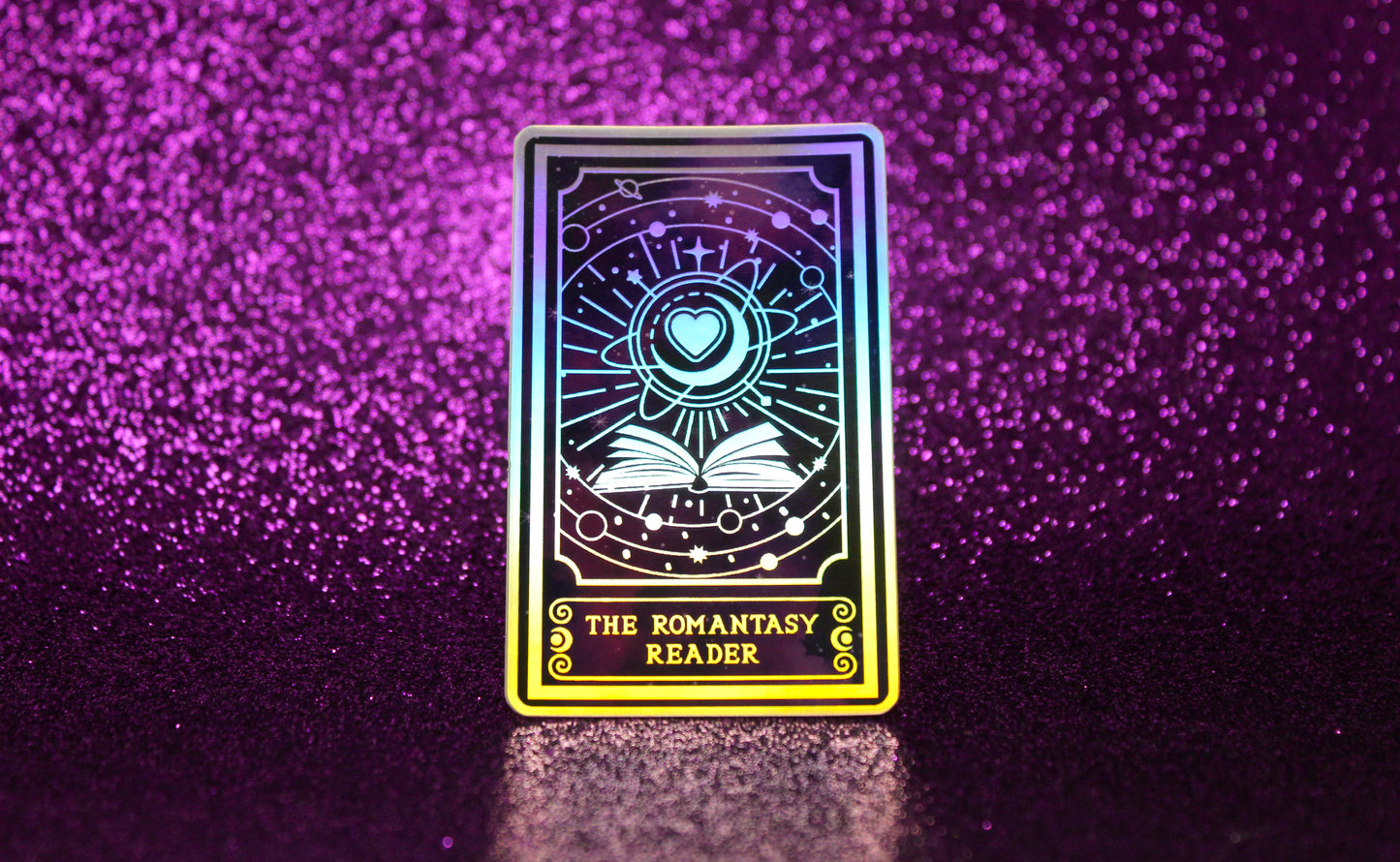 Holographic Book Genre Tarot Sticker 'The Romantasy Reader' – Book Lover Vinyl Decal