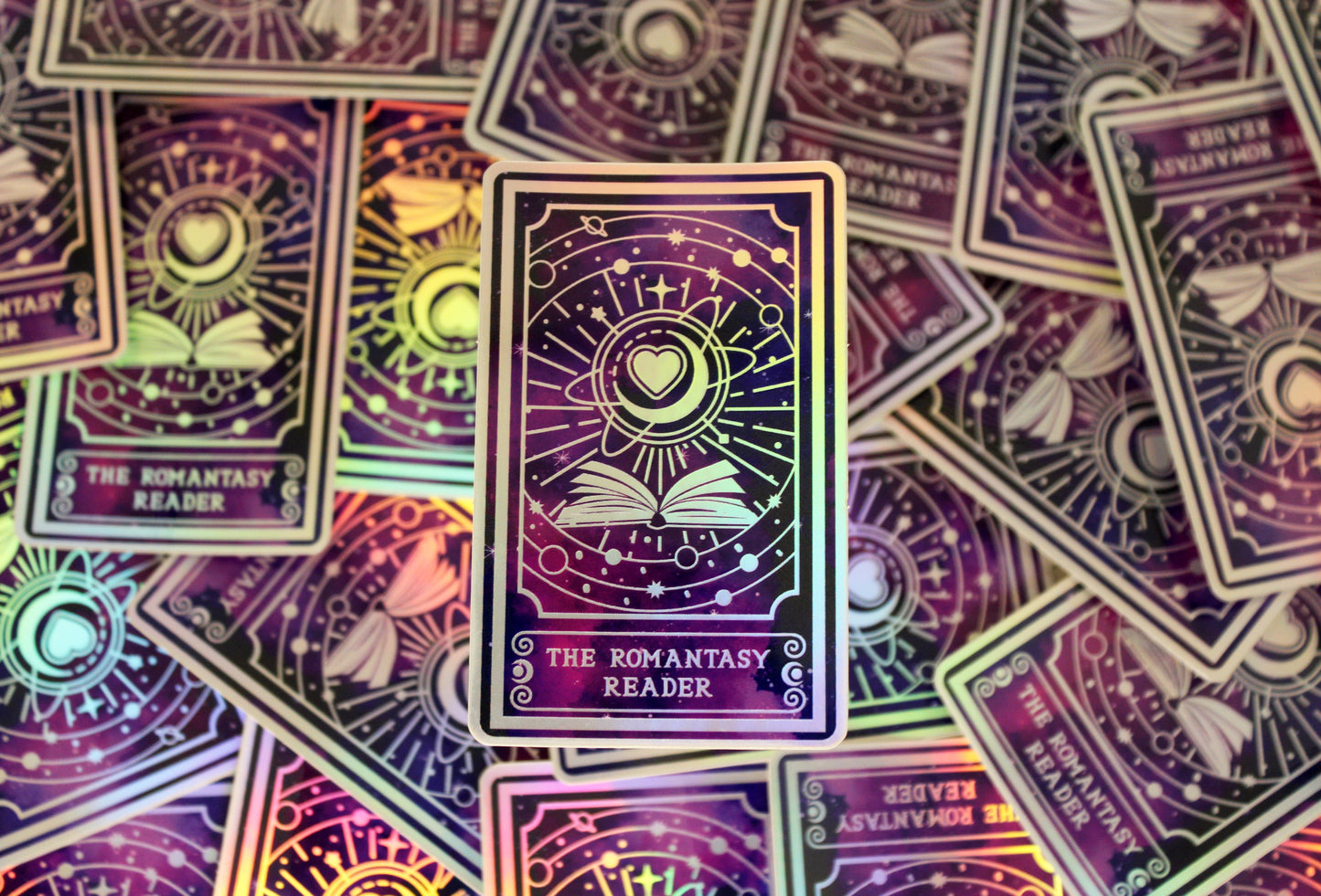 Holographic Book Genre Tarot Sticker 'The Romantasy Reader' – Book Lover Vinyl Decal