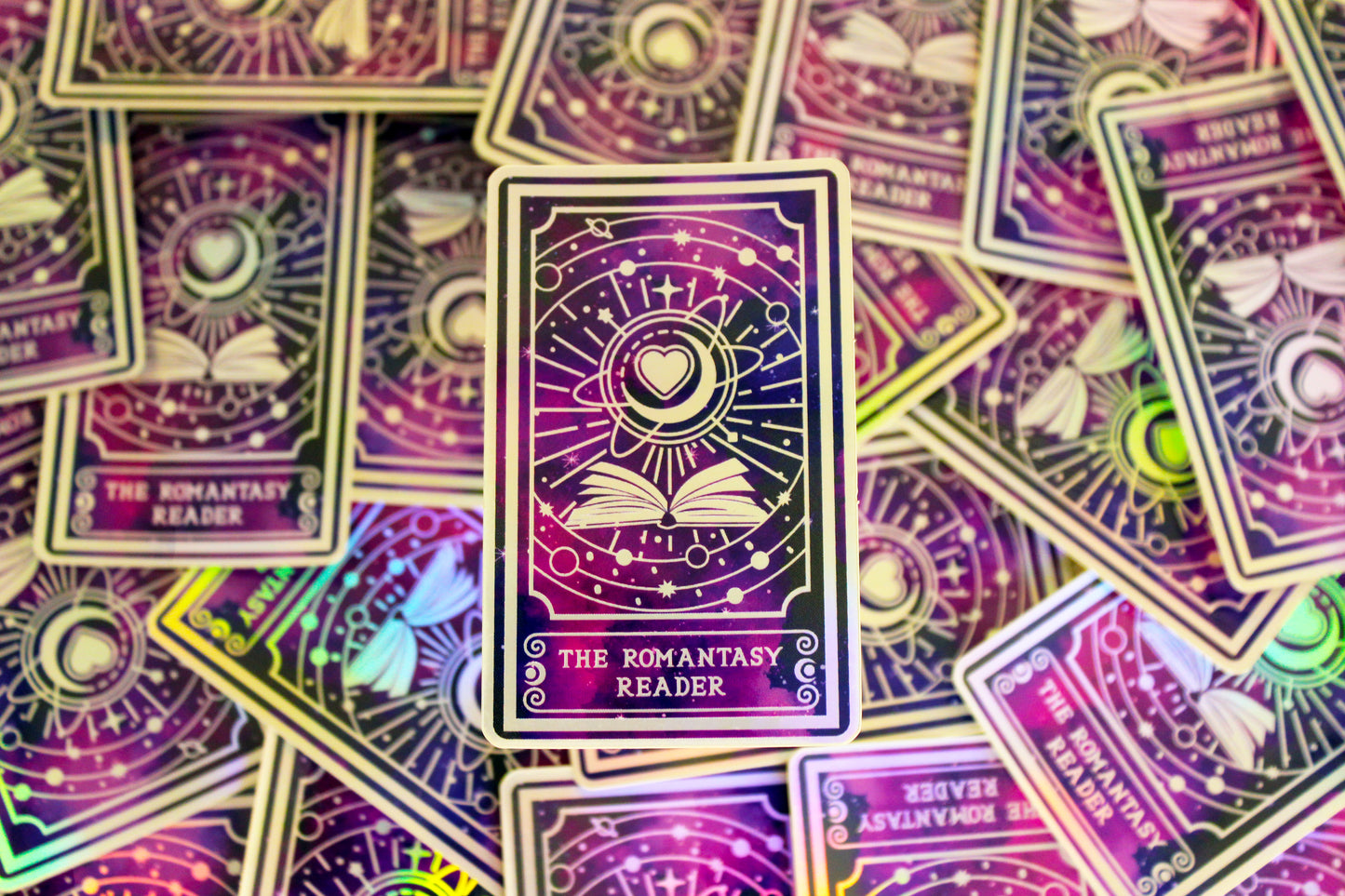 Holographic Book Genre Tarot Sticker 'The Romantasy Reader' – Book Lover Vinyl Decal