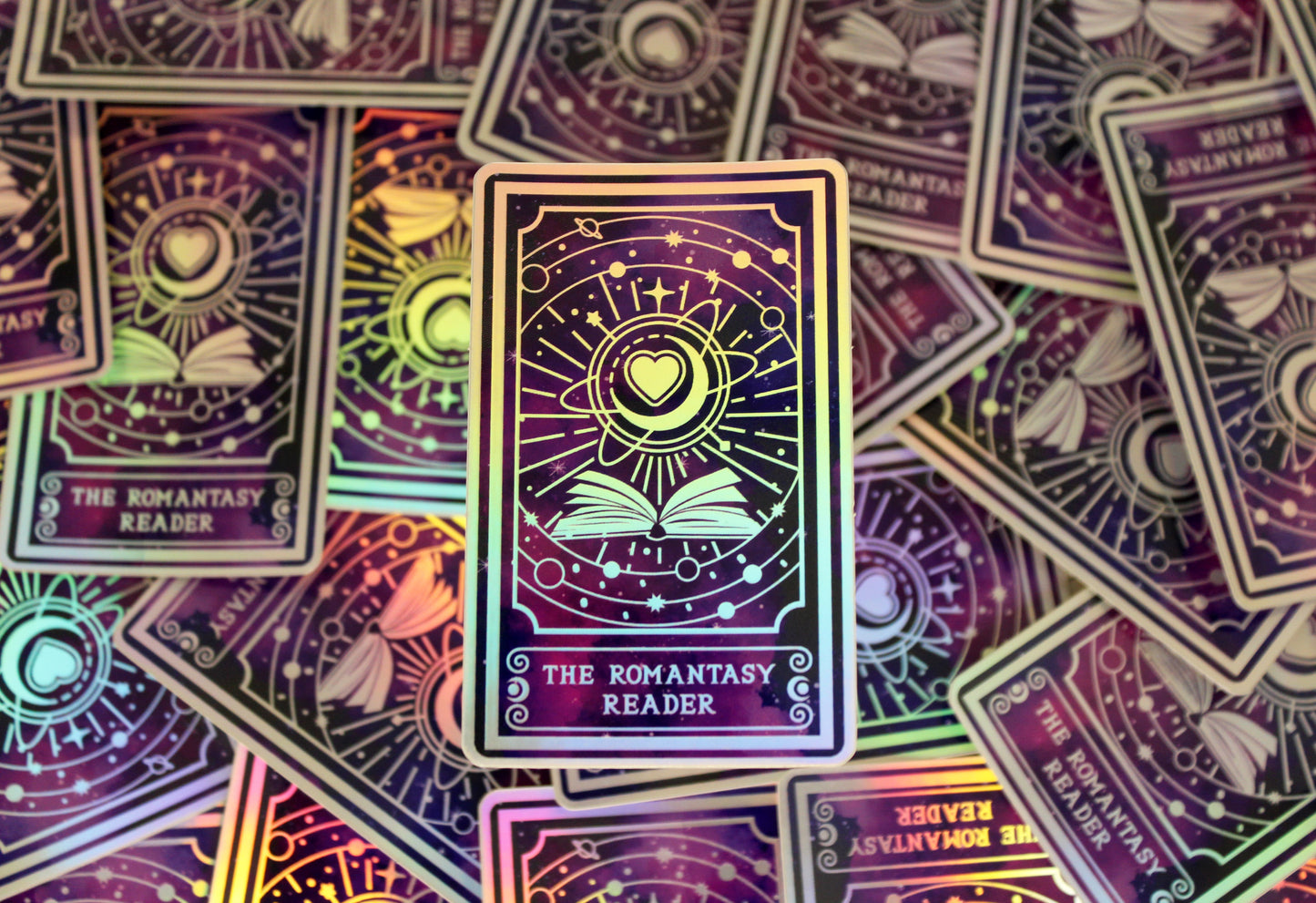 Holographic Book Genre Tarot Sticker 'The Romantasy Reader' – Book Lover Vinyl Decal