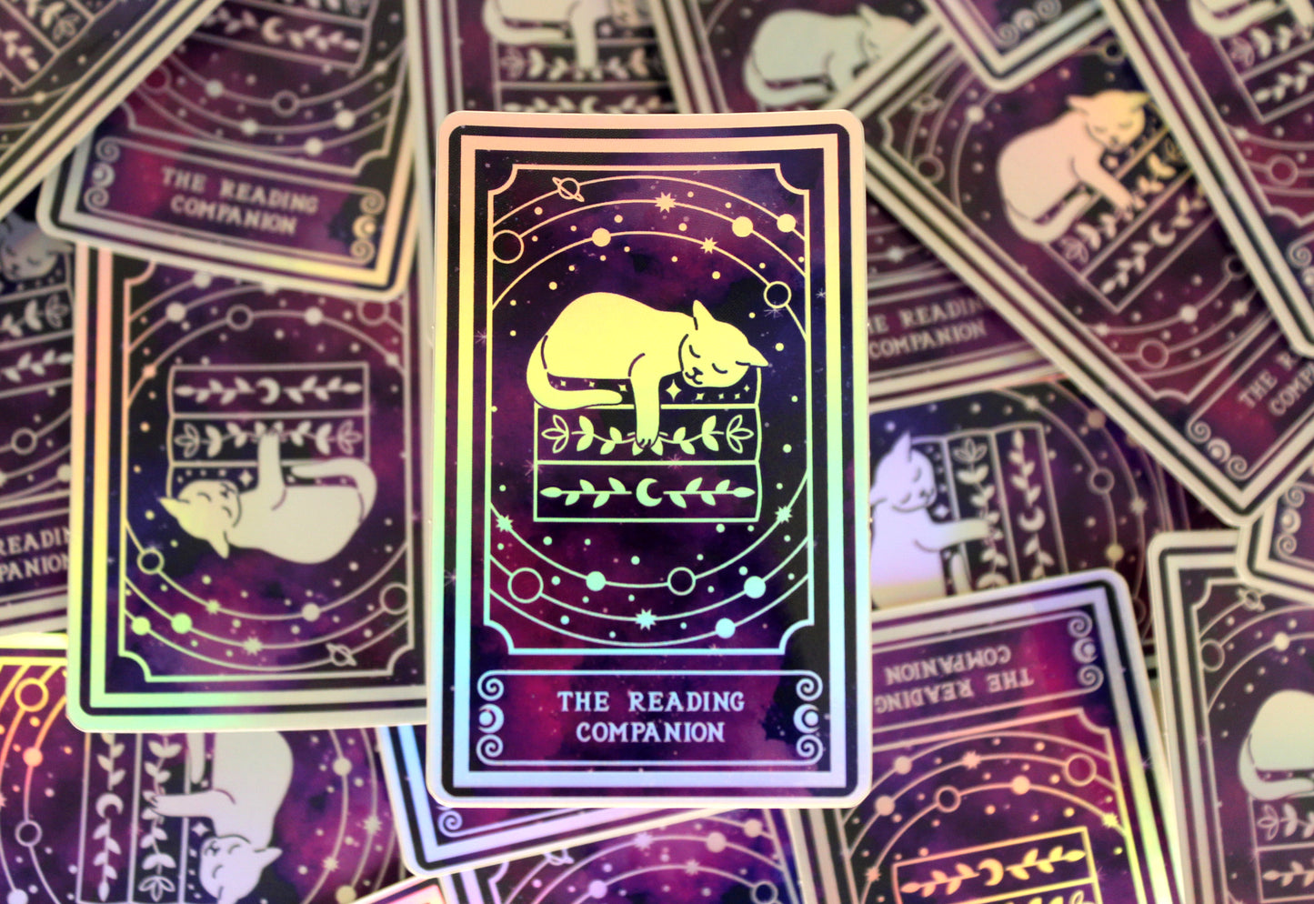 Holographic cat Tarot Sticker 'The Reading Companion" – Book Lover Vinyl Decal