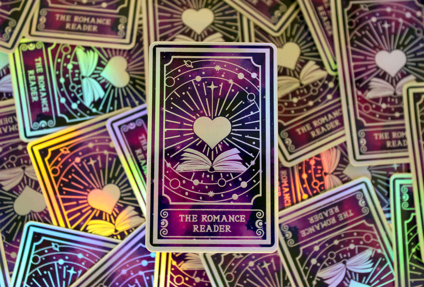Holographic Book Genre Tarot Sticker 'The Romance Reader' – Book Lover Vinyl Decal