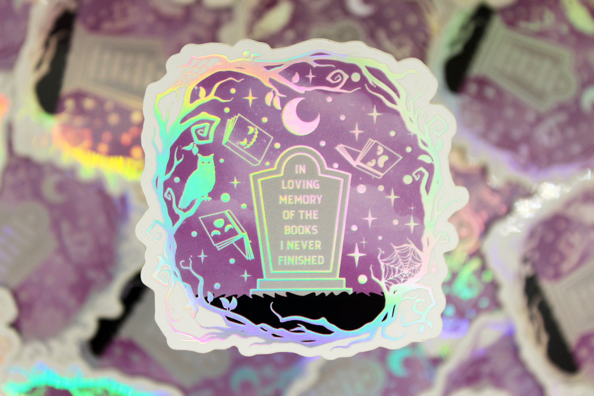 Holographic 'In loving memory of the books I never finished' – Bookish DNF Waterproof vinyl decal