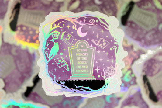 Holographic 'In loving memory of the books I never finished' – Bookish DNF Waterproof vinyl decal