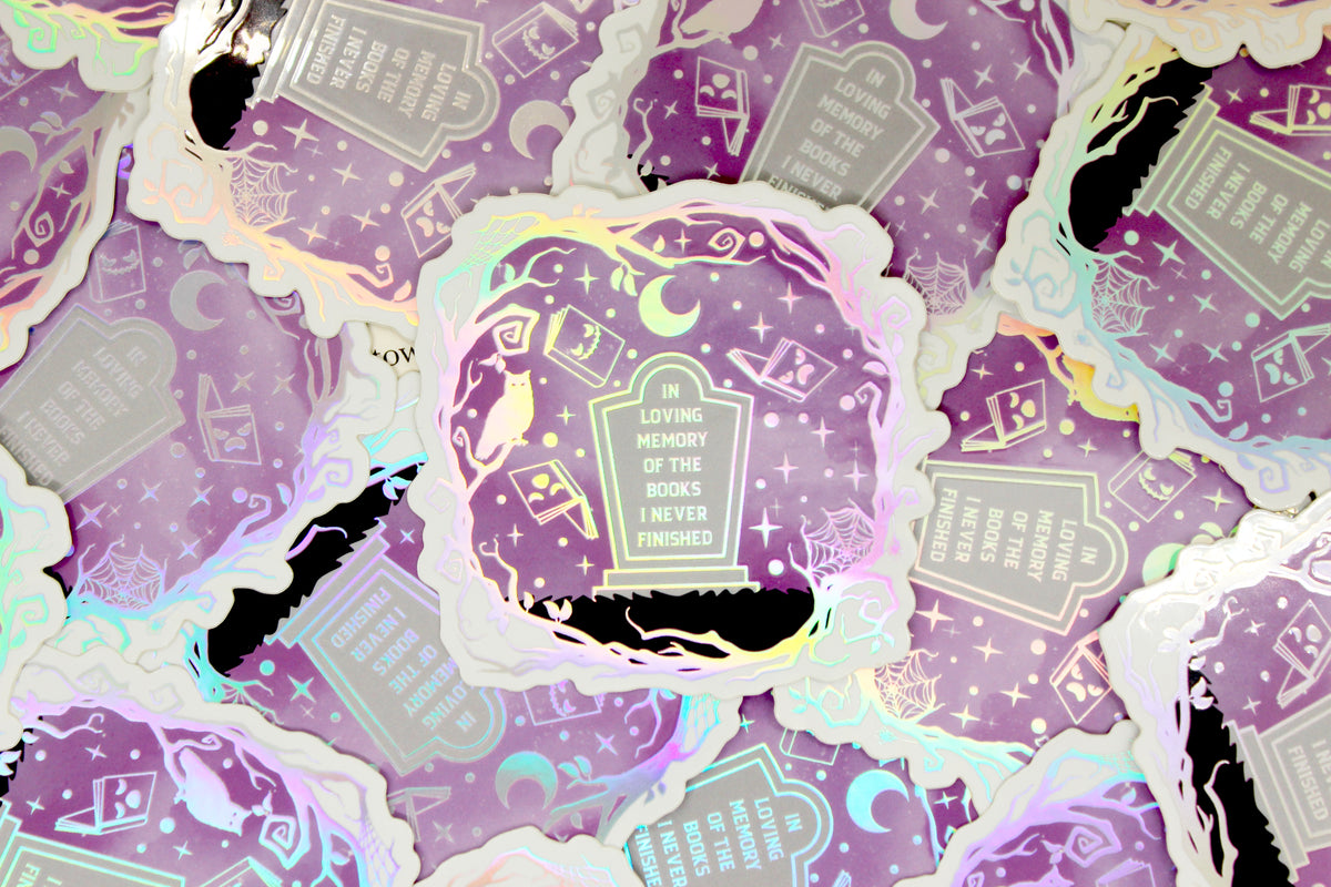 Holographic 'In loving memory of the books I never finished' – Bookish DNF Waterproof vinyl decal
