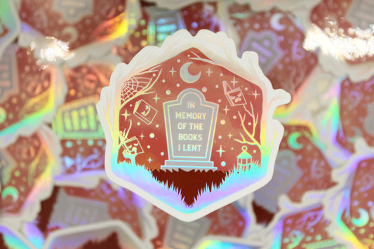 Holographic 'In memory of the books I lent' – Bookish Waterproof vinyl decal