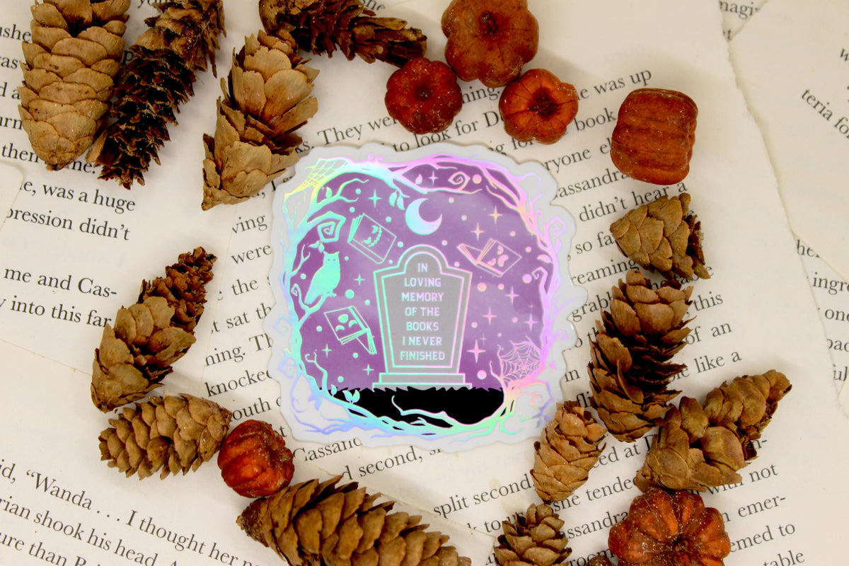 Holographic 'In loving memory of the books I never finished' – Bookish DNF Waterproof vinyl decal