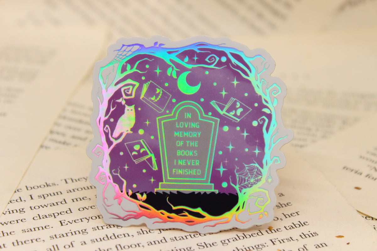 Holographic 'In loving memory of the books I never finished' – Bookish DNF Waterproof vinyl decal