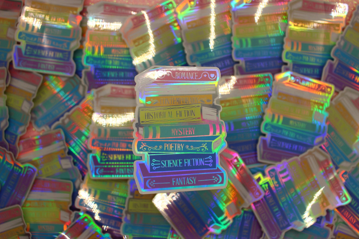 Book genres stack holographic vinyl sticker