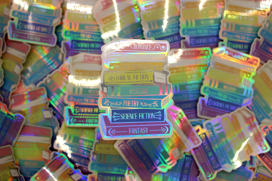 Book genres stack holographic vinyl sticker