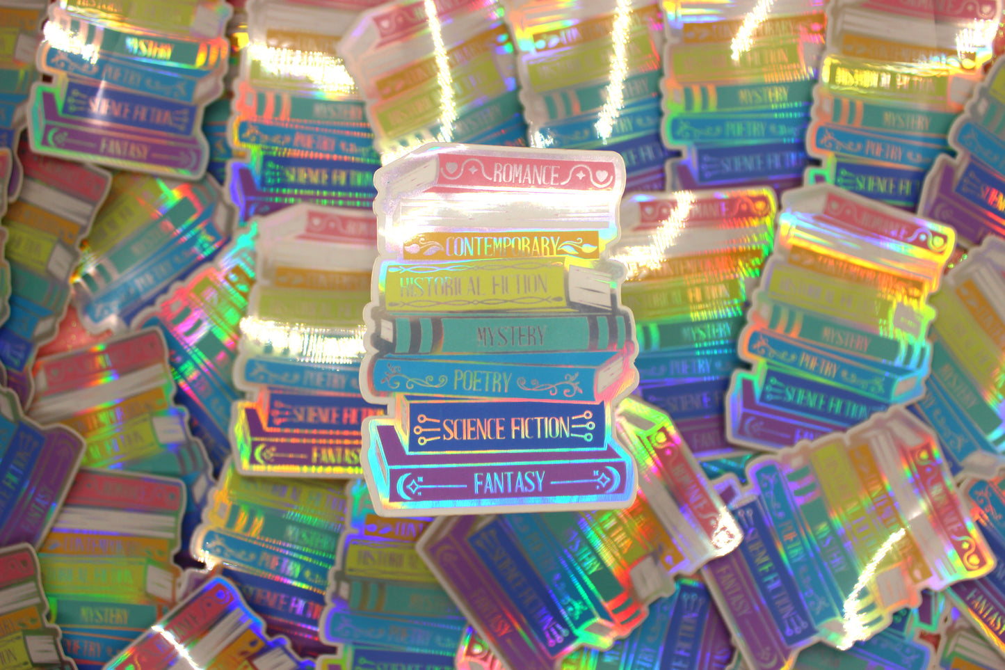 Book genres stack holographic vinyl sticker