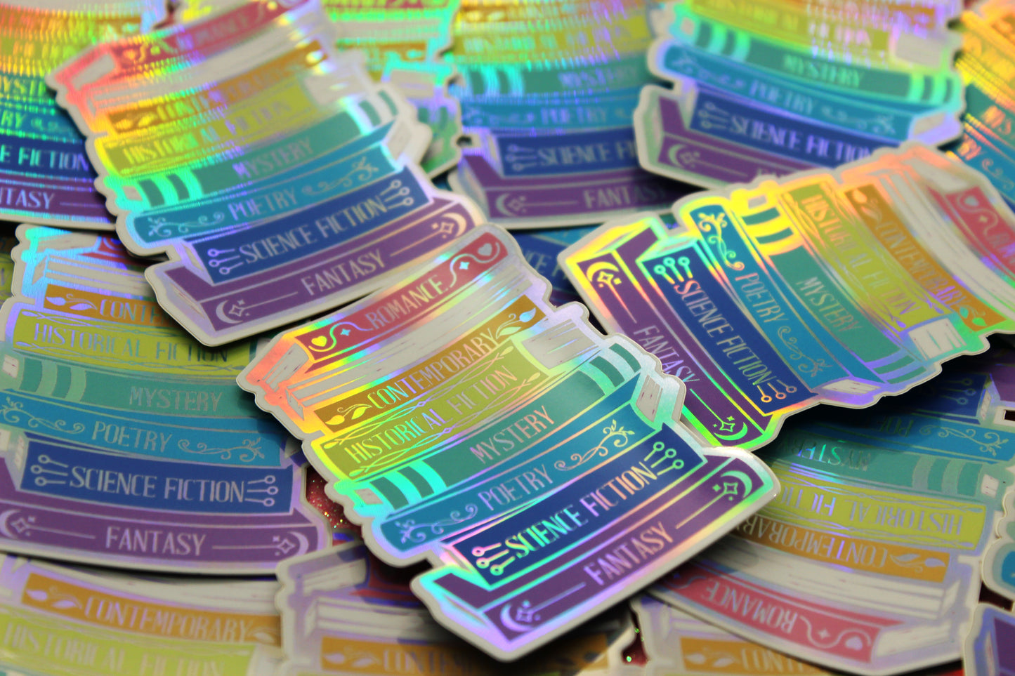 Book genres stack holographic vinyl sticker