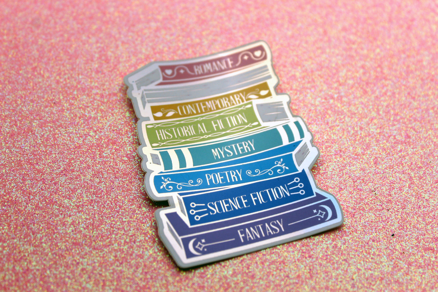 Book genres stack holographic vinyl sticker