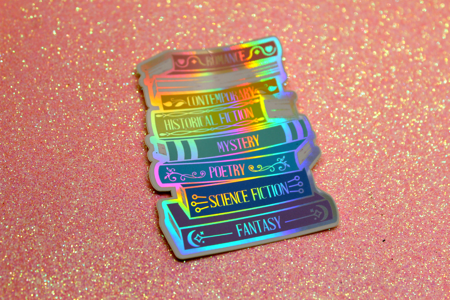 Book genres stack holographic vinyl sticker