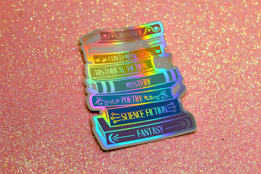 Book genres stack holographic vinyl sticker